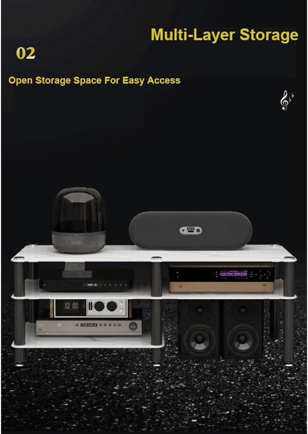Audio Rack Stereo Rack Audio Equipment Rack Audio Open Rack Cabinet HiFi Rack Audio-Video Shelving with Stone Plate and Carbon Steel(Nero,3 Tier)
