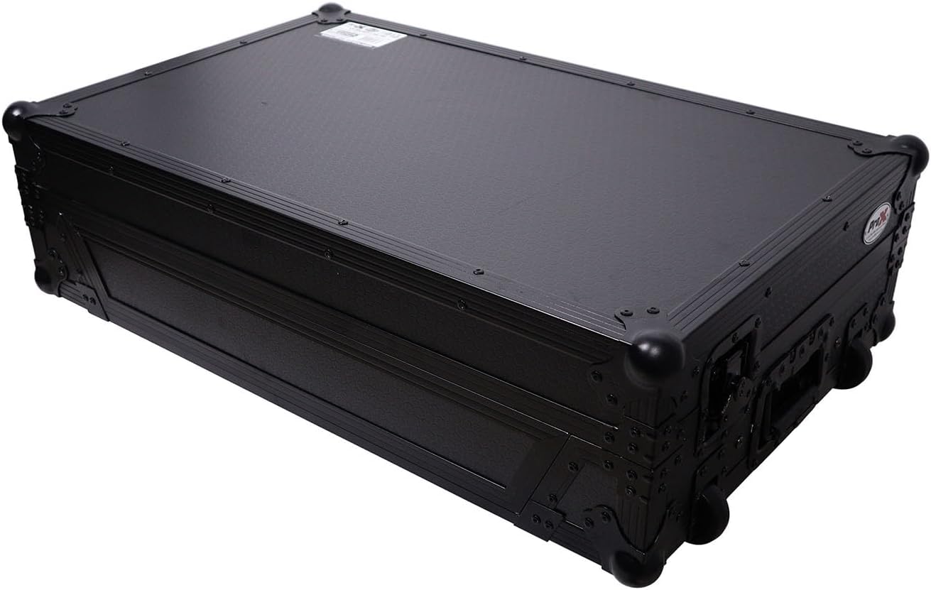 ProX XS-DDJFLX10WLTBL ATA Flight Style Road Case For Pioneer DDJ-FLX10 DJ Controller with Laptop Shelf 1U Rack Space Wheels and LED Black Finish