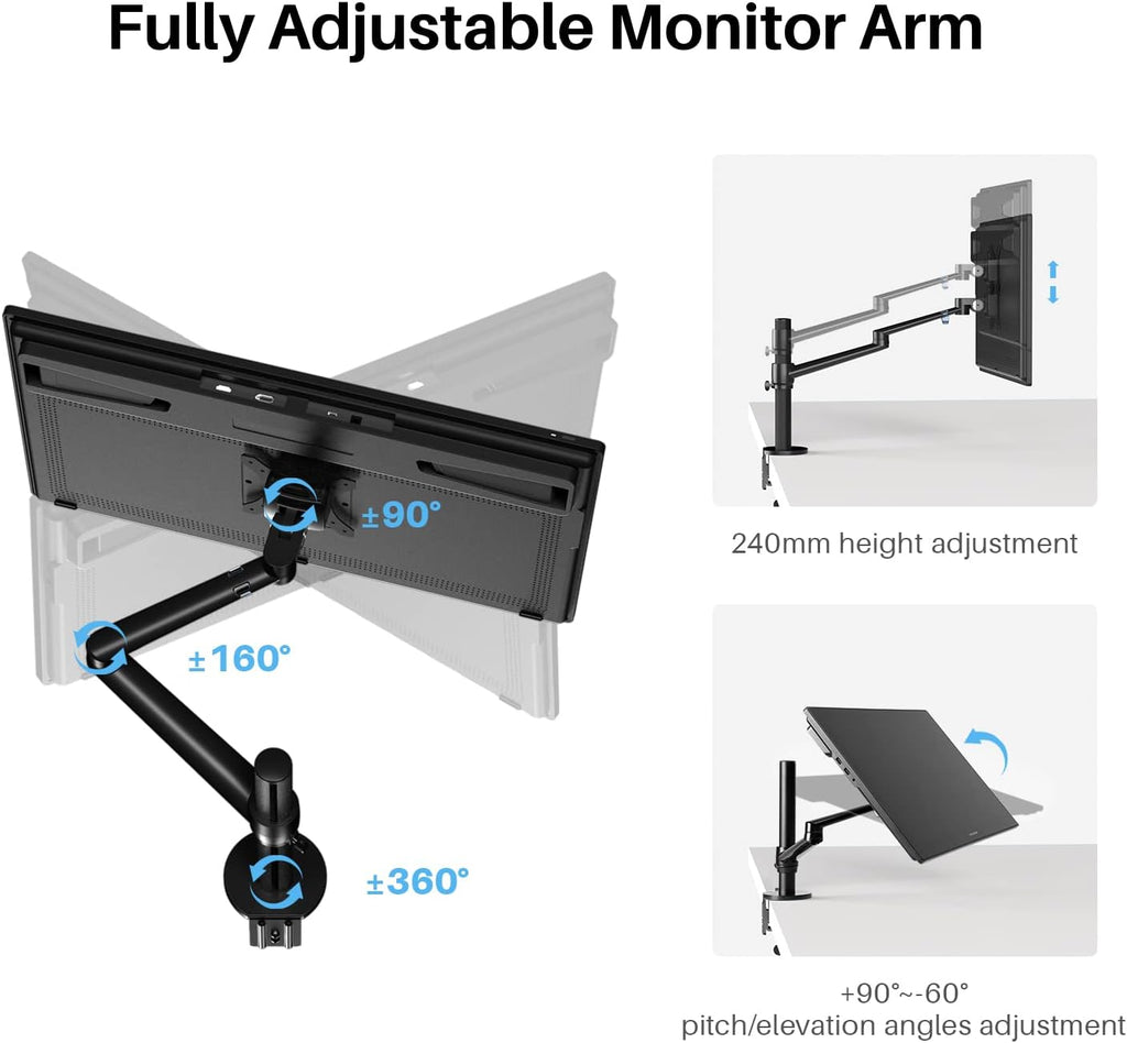 HUION Single Monitor Arm, VESA Desk Monitor Mount – for Monitors Up to 32 Inches and 17.6 lbs, Heavy Duty Fully Adjustable Stand, Computer Monitor Arms with Clamp/Grommet Mounting Base
