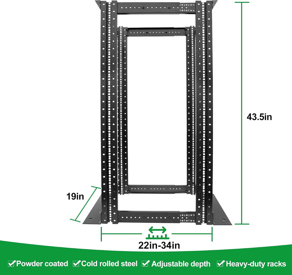 4-Post 27U Open Frame Server Rack for 19' IT Network Equipment & A/V Devices，22'-34' Adjustable Depth，Heavy Duty Free Standing Rack for Servers & AV Gear 4POST-N27U