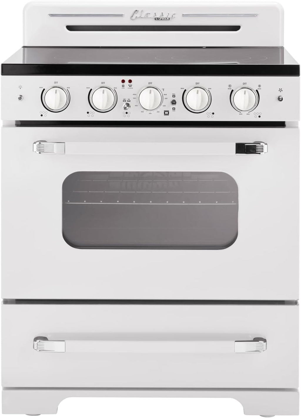 Unique Appliances Classic Retro Radiant Electric Range, Freestanding Electric Range with 5-Element Glass Cooktop, Convection Oven, and Oven Light, 30', Marshmallow White