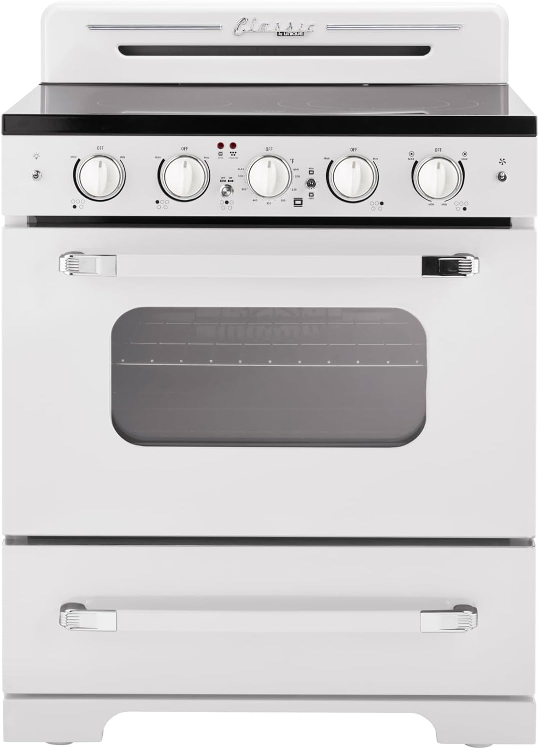 Unique Appliances Classic Retro Radiant Electric Range, Freestanding Electric Range with 5-Element Glass Cooktop, Convection Oven, and Oven Light, 30', Marshmallow White