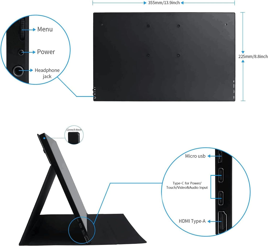 WIMAXIT 15.6 Inch Portable Touch Monitor with Dual Speakers, Full HD 1920 x 1080, VESA 75 mm, HDMI/USB-C Connection, Ideal for Laptops, Xbox and Smartphones