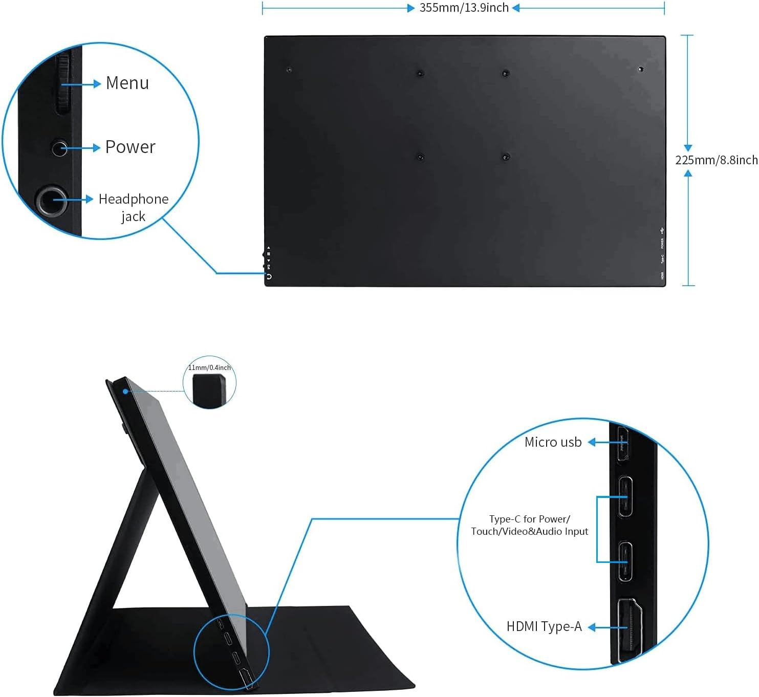 WIMAXIT 15.6 Inch Portable Touch Monitor with Dual Speakers, Full HD 1920 x 1080, VESA 75 mm, HDMI/USB-C Connection, Ideal for Laptops, Xbox and Smartphones