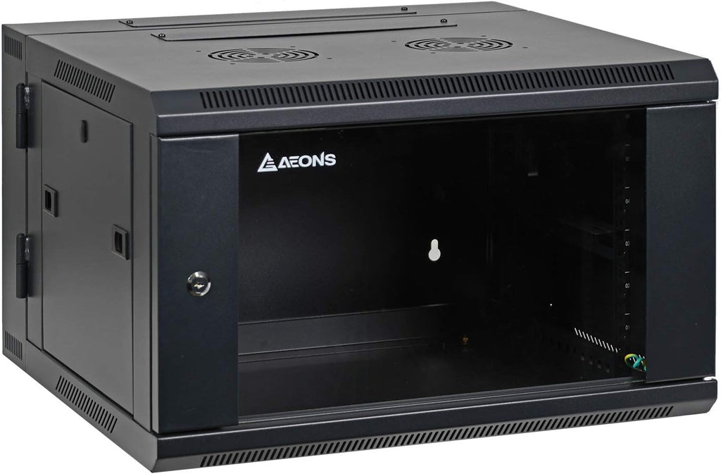AEONS 6U Professional Wall Mount Server Cabinet Enclosure Double Section Hinged Swing Out 19-Inch Server Network Rack Locking Glass Door 22-Inches Deep Black (Fully Assembled)