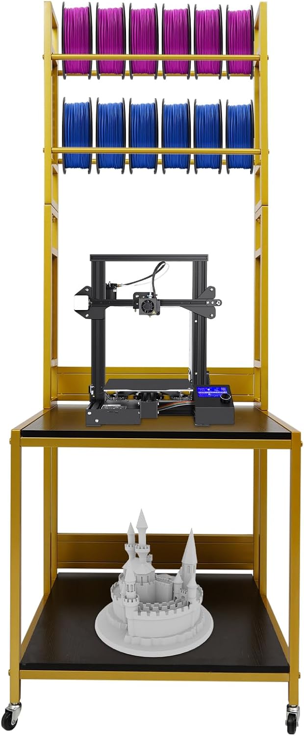 3D Printer Stand with Double Layer, 3D Printer Filament Storage Rack, Heavy Duty Mobile Printer Table with Wheels for Studio Office Storage and Organization (Gold)
