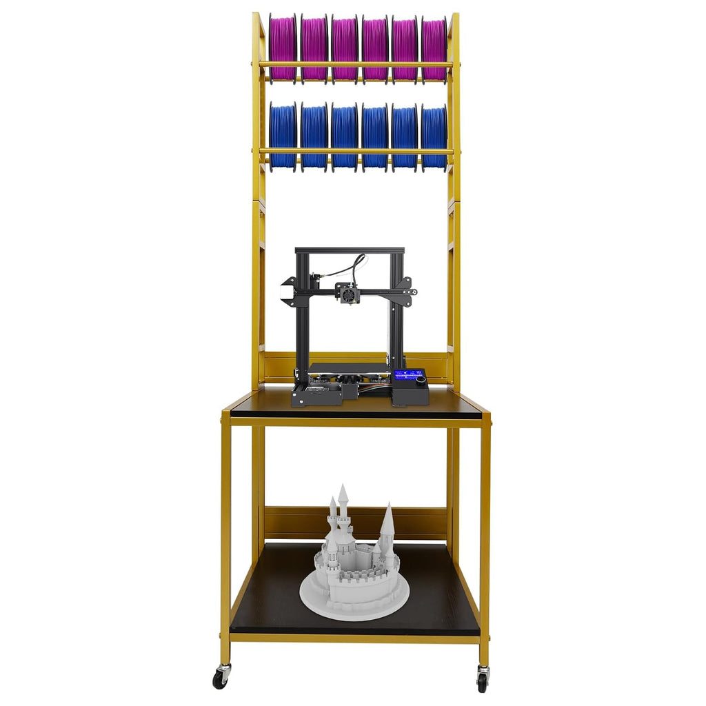 3D Printer Stand with Double Layer,2 Tiers 3D Printer Filament Storage Rack, Heavy Duty Mobile Printer Table with Wheels for Studios,Offices,Living Rooms,Garages(Gold)