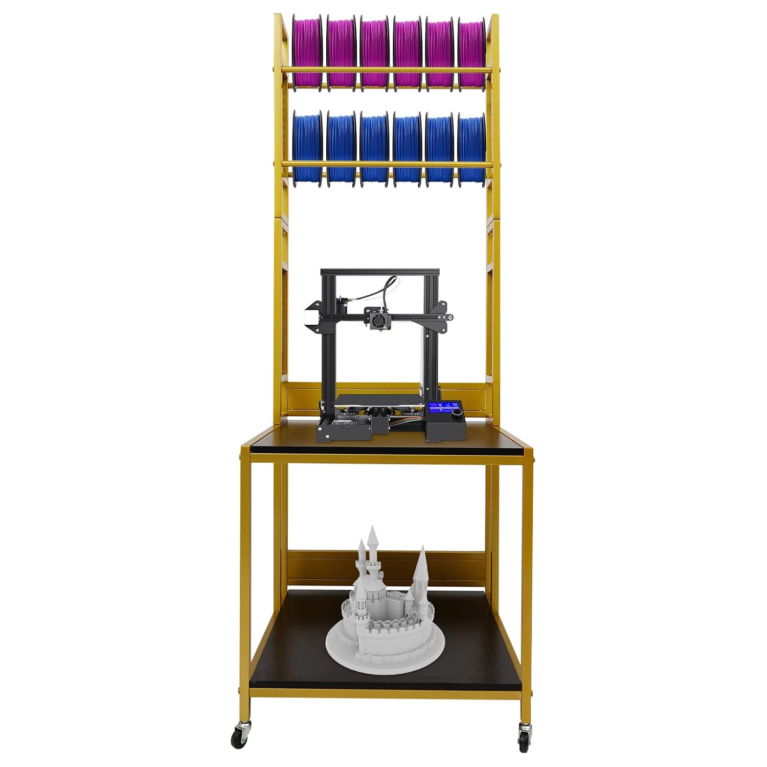 3D Printer Stand with Double Layer,2 Tiers 3D Printer Filament Storage Rack, Heavy Duty Mobile Printer Table with Wheels for Studios,Offices,Living Rooms,Garages(Gold)