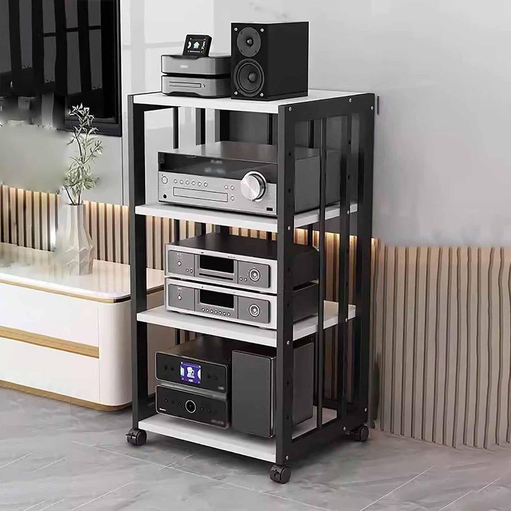 4-Tier AV Media Stand Component Cabinet Rack Audio Tower with Adjustable Shelves,Movable Media Storage Cabinet,Audio Rack Tower AV Equipment Cabinet(WhiteB)