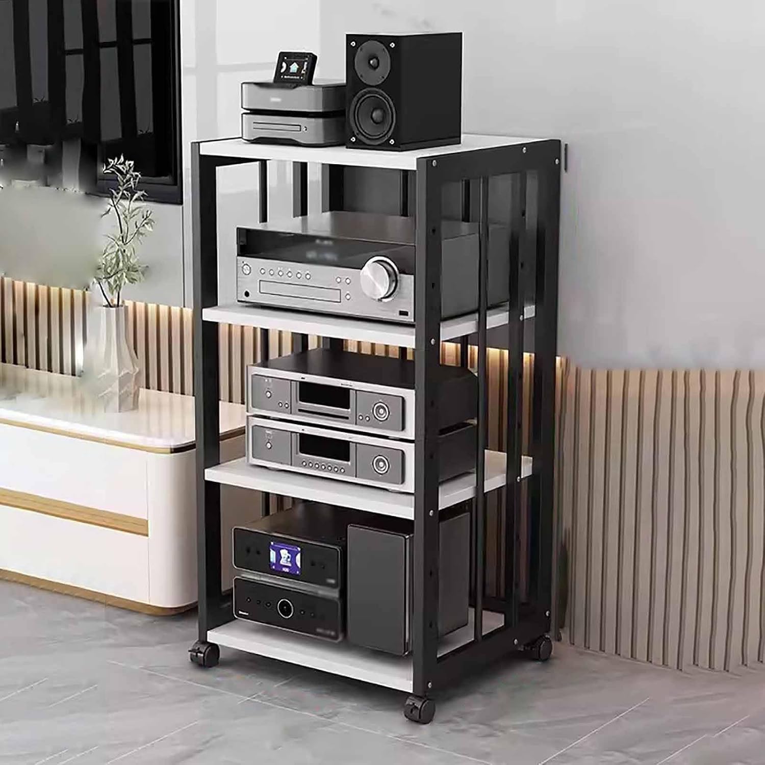 4-Tier AV Media Stand Component Cabinet Rack Audio Tower with Adjustable Shelves,Movable Media Storage Cabinet,Audio Rack Tower AV Equipment Cabinet(WhiteB)