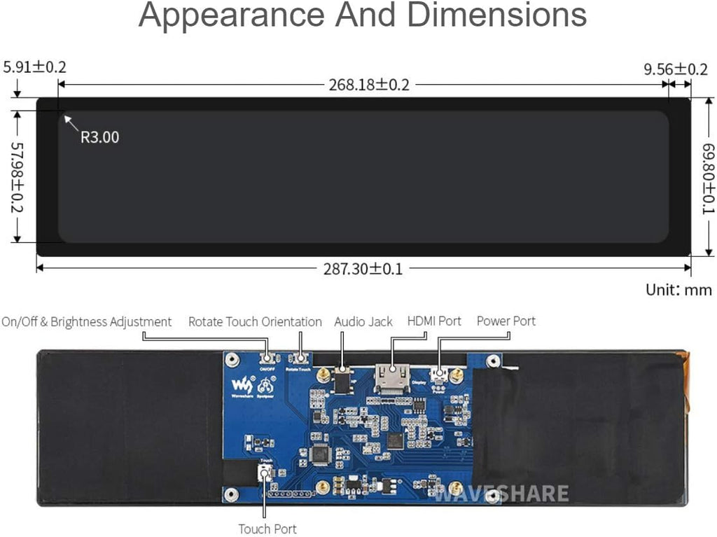 Waveshare 11.9inch Capacitive Touch Screen LCD Compatible with Raspberry Pi 5/4B/3B+/3A+/2B/B+/A+/Zero/Zero W/WH/Zero 2W CM3+/4 320×1480 Resolution HDMI IPS Supports Jetson Nano/Windows