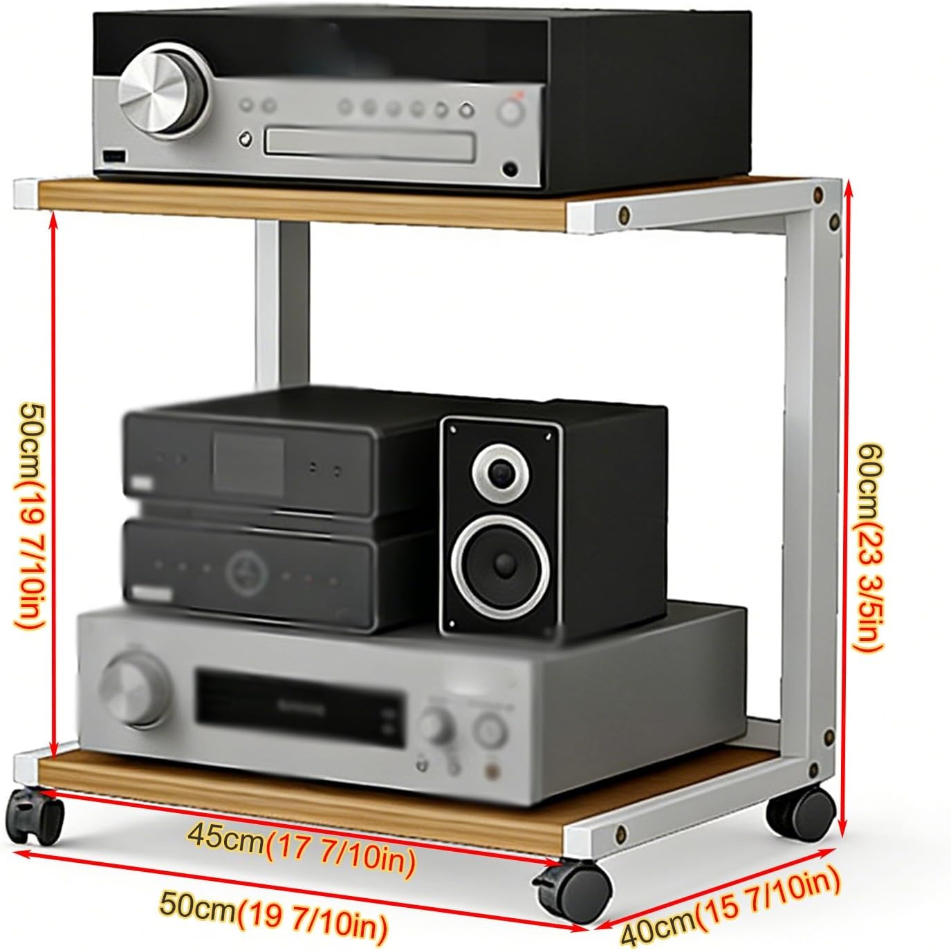 YLLFFLL Easy Assembly Av Storage Cabinet 2-Tiers HiFi Racks Media Black, Audio Component Rack Tower Media Stereo Stand Equipment Shelf for Living Room, on Wheels(H 60CM(23 3/5IN))
