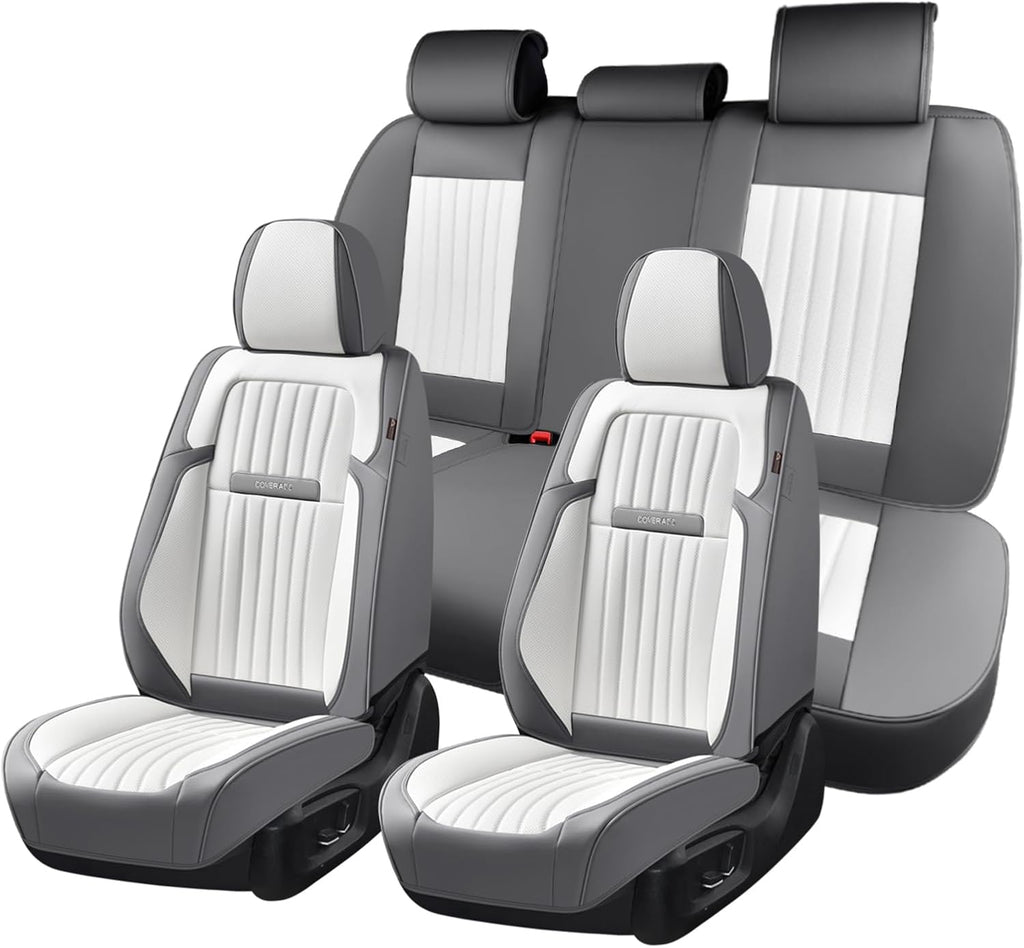 Coverado Car Seat Covers Full Set, Seat Covers for Cars, Car Seat Cover, Car Seat Protector, Leather Car Seat Cushion, Waterproof Car Seat Covers Front Seats and Back Fit for Most Cars(Gray&White)