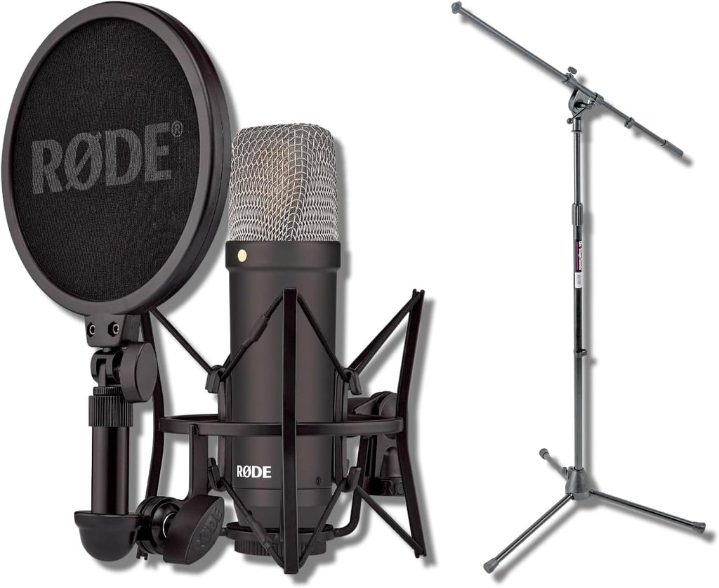 Rode NT1 Signature Black Large-Diaphragm Condenser Microphone Bundle with MS7701B Euro Boom Tripod Stand — 4 dBA Self-Noise XLR Studio Mic for Singing, Vocal Recording, Voice Over, Podcasting
