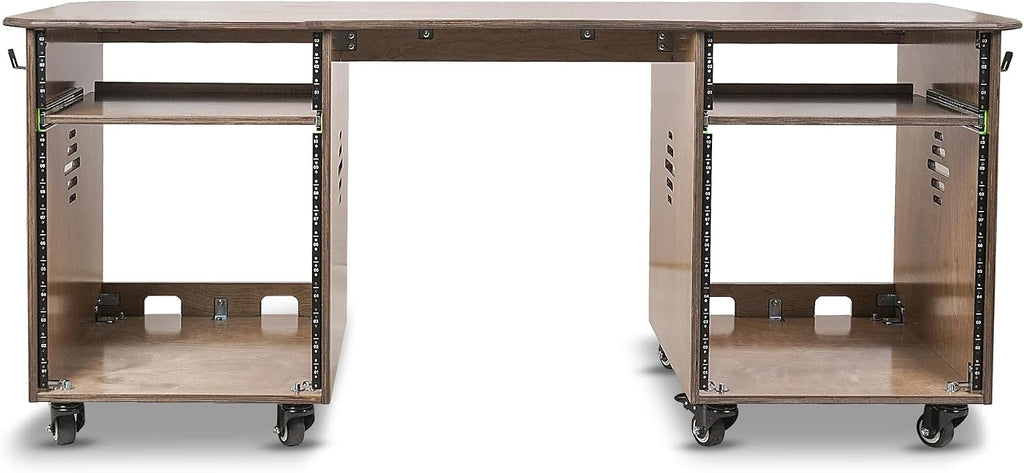 Sound Town DIY Music Studio Rack Desk Workstation with 2 X 13U Side Cabinets, Two Slide-Out Trays, Casters, Plywood, Weathered Brown for Recording Room, Home Studio (SDRK-WS69)