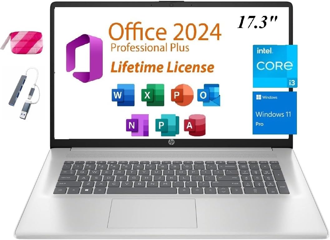 HP 2025 Premium 17 Laptop, 17.3' HD+ Display, Lifetime Office 2024, Intel Core i3-N305 Processor,8GB RAM, 512GB PCIe SSD, Wi-Fi 6, HDMI, Webcam, Windows 11 Pro, Silver