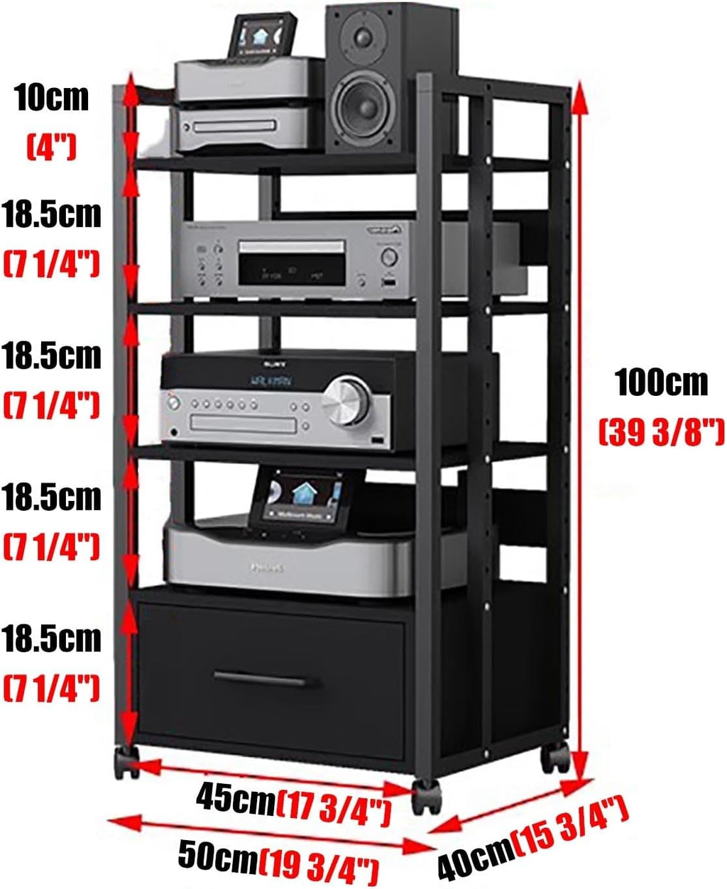 Record Player Audio Cabinet with Drawers & Sliding Wheel, Audio Rack Shelf Organizer for Onkyo Receiver, Equipment Console, Av Component Stand(B,Large)