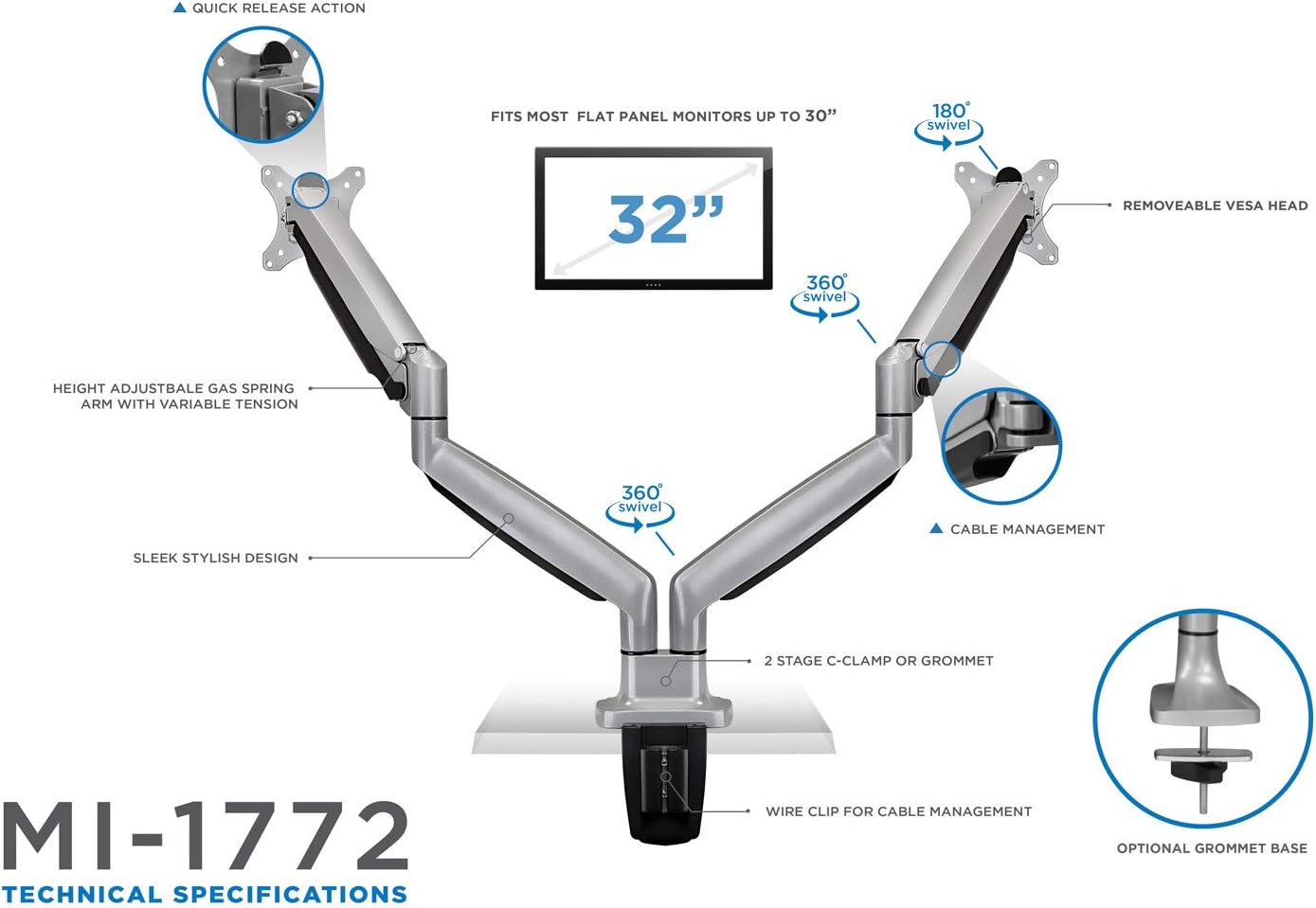 Mount-It! (MI-1772) Dual Monitor Arm Mount Desk Stand Two Articulating Gas Spring Height Adjustable Arms | Fits Up To 32' VESA 75 100 Compatible Screens | C-Clamp and Grommet Bases (Silver)