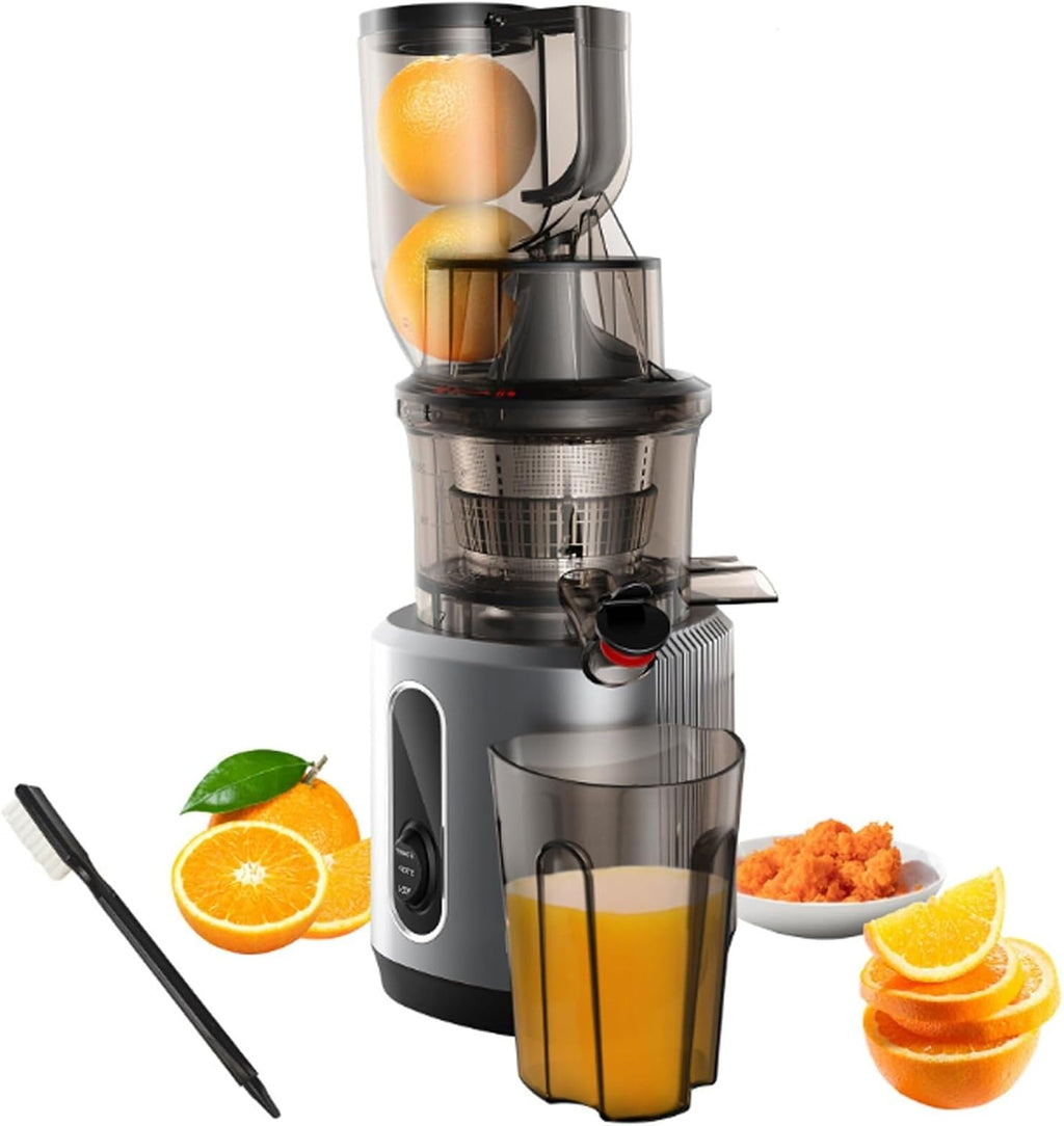 Cold Press Juicer Machine, 200W Slow Masticating Juicer with 75mm Wide Dual Feed Chute, High Juice Yield, Quiet Motor, Easy to Clean, Grey