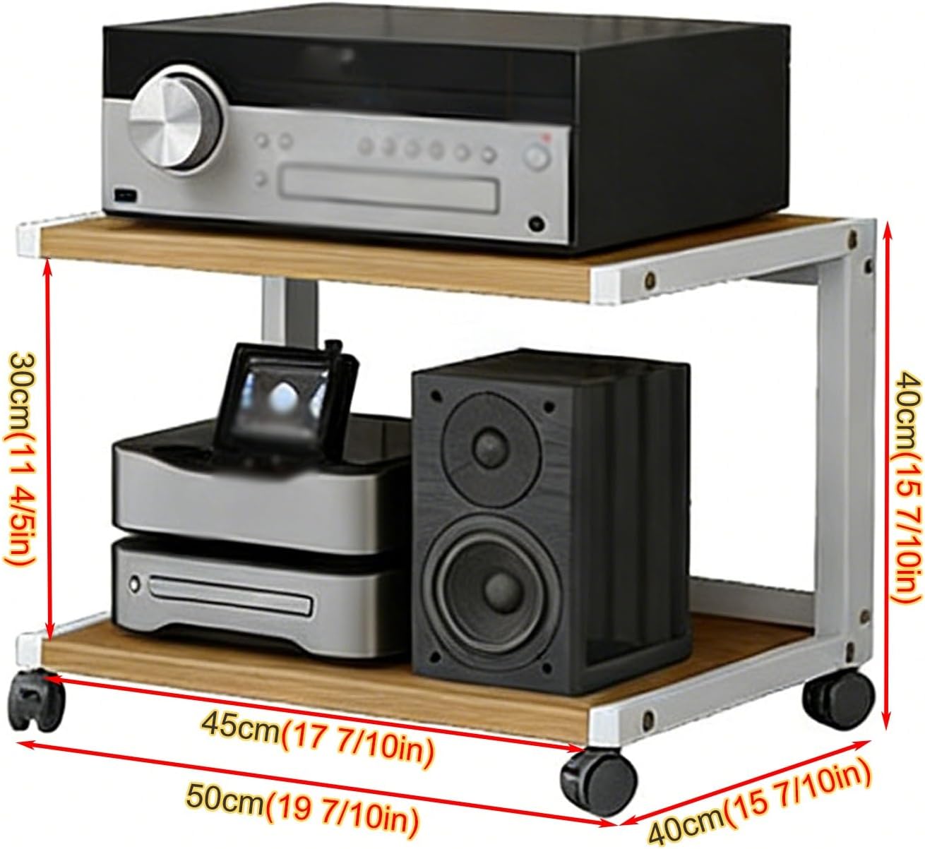 YLLFFLL Easy Assembly Av Storage Cabinet 2-Tiers HiFi Racks Media Black, Audio Component Rack Tower Media Stereo Stand Equipment Shelf for Living Room, on Wheels(H 40(15 7/10IN))