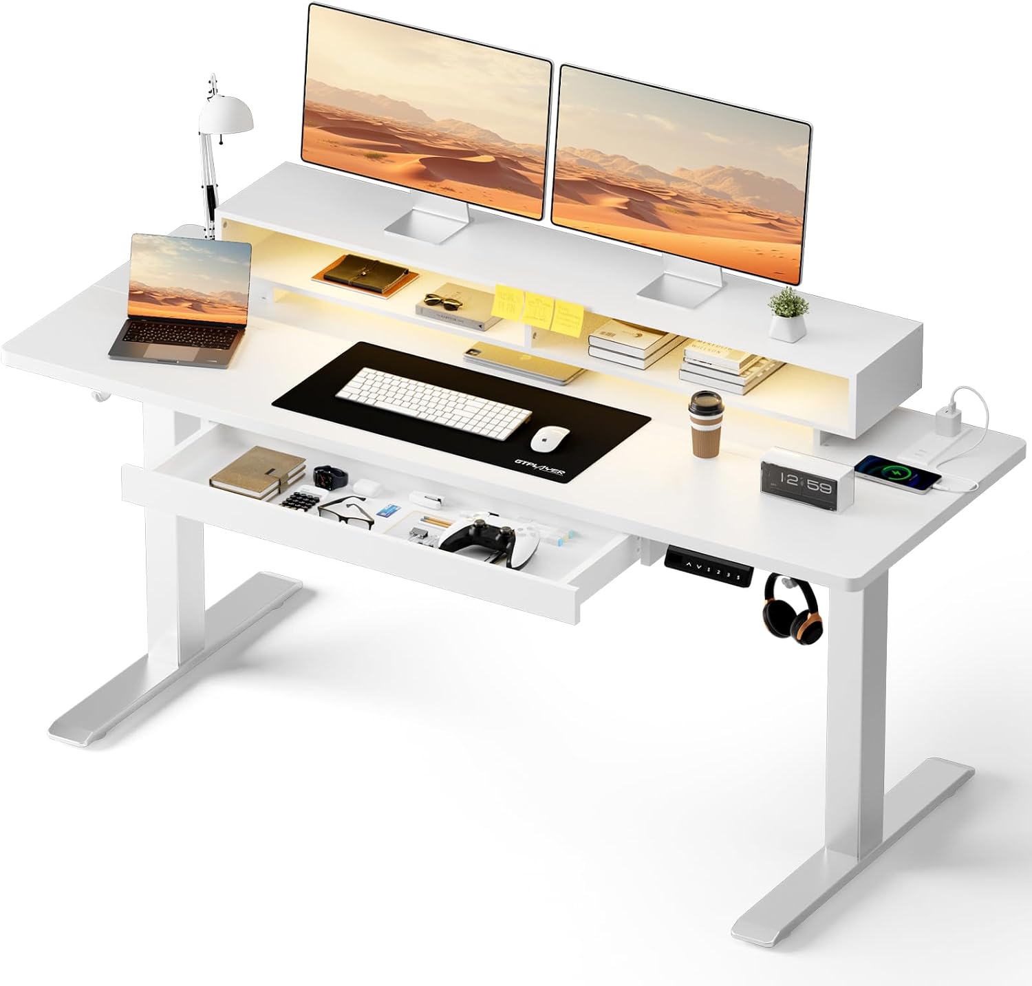 GTPLAYER Electric Standing Desk with Drawers, 55 x 24 Inch Height Adjustable Gaming Desk with Monitor Stand, Power Outlets & LED Lights, Home Office Sit Stand Up Desk with Memory Preset (White)