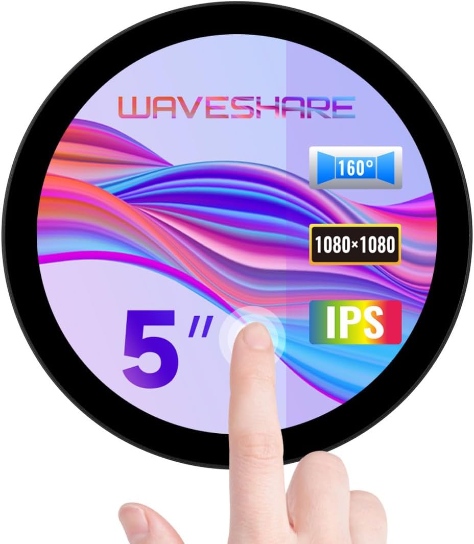 waveshare 5inch HDMI Round Touch Display, 1080 × 1080 Resolution, IPS, 10-Point Touch, Compatible with Raspberry Pi 5/4B/3B/Zero/Zero W/Zero 2W/Pico/Pico W/Pico WH