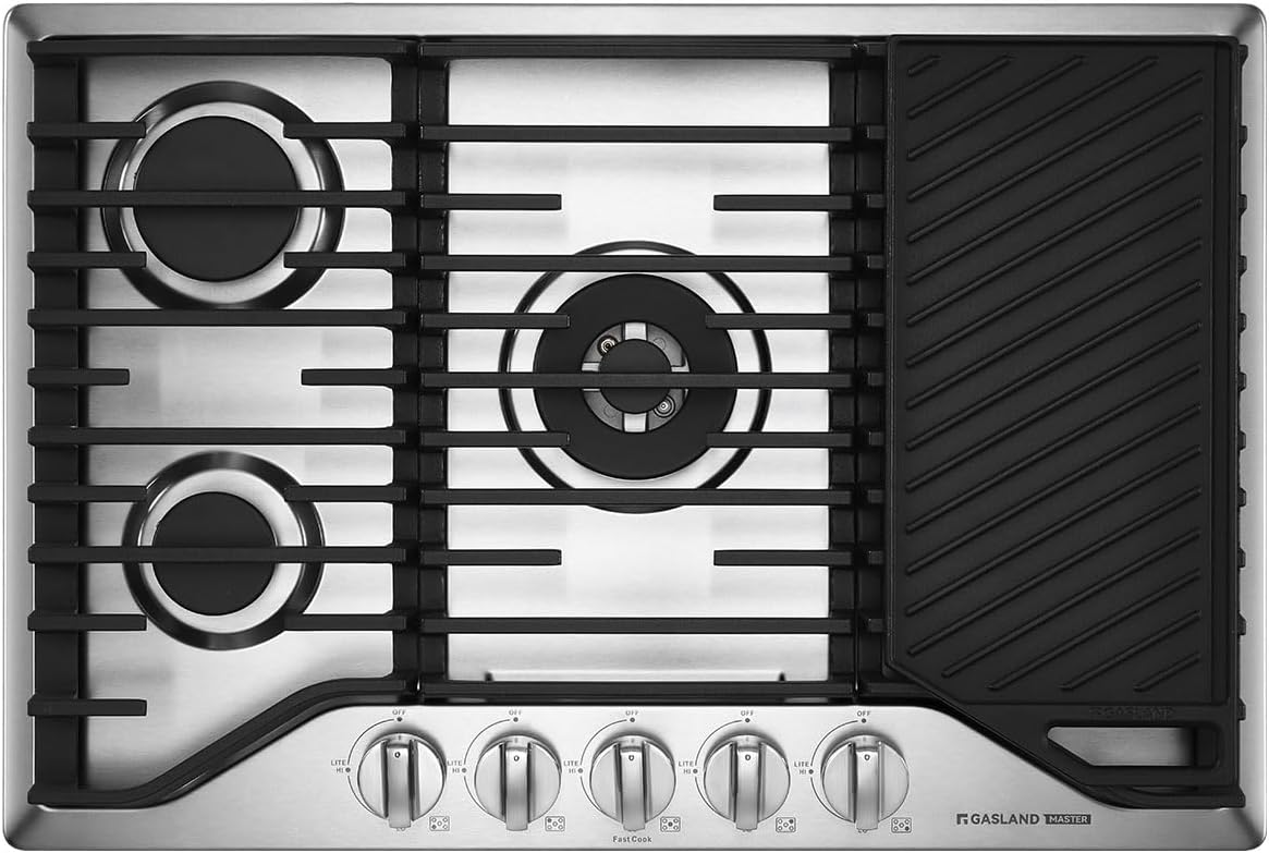 GASLAND Master 30 Inch Heavy Duty Gas Cooktop with Griddle PRO GH3805SS1FC with 5 Burners, CSA certified, 120V Plug-in, NG/LPG Convertible