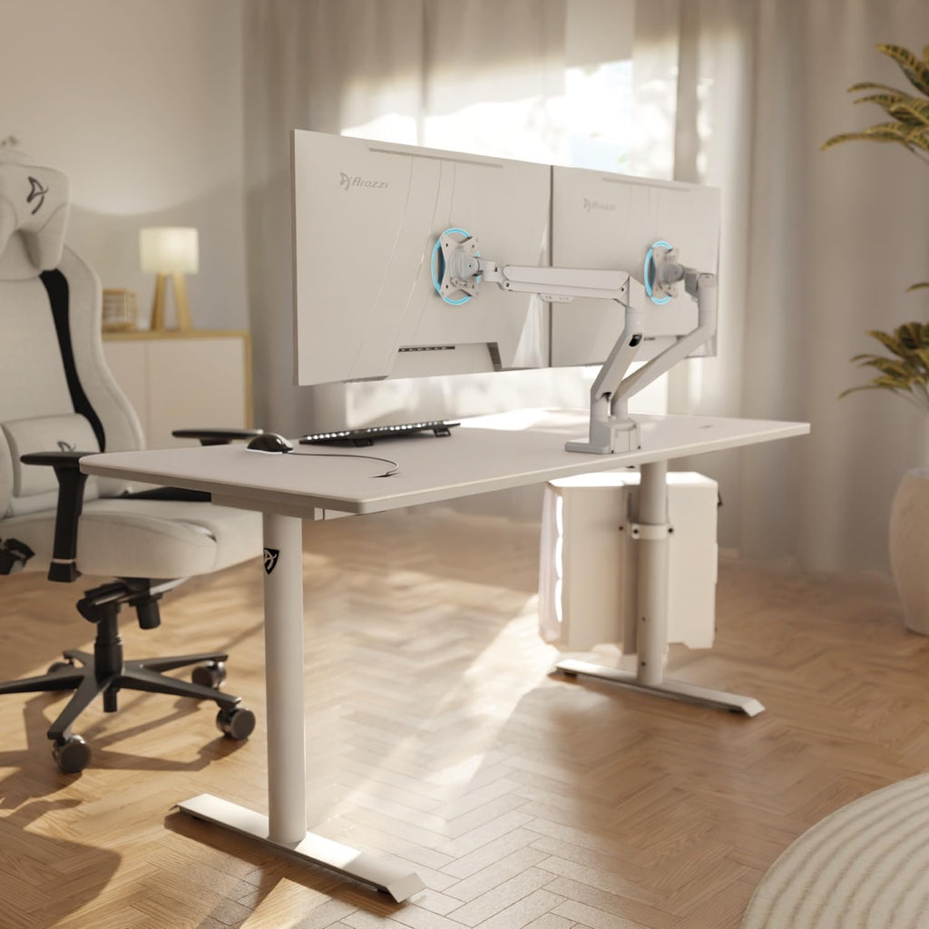 Arozzi Alzare Neo Duo Dual Gas Spring Monitor Arm - 2 Independent Arms, 17':34' Monitors, VESA 75/100, 360 Rotation, Up to 20 lbs Each, Cable Management, C-Clamp & Grommet Included - White