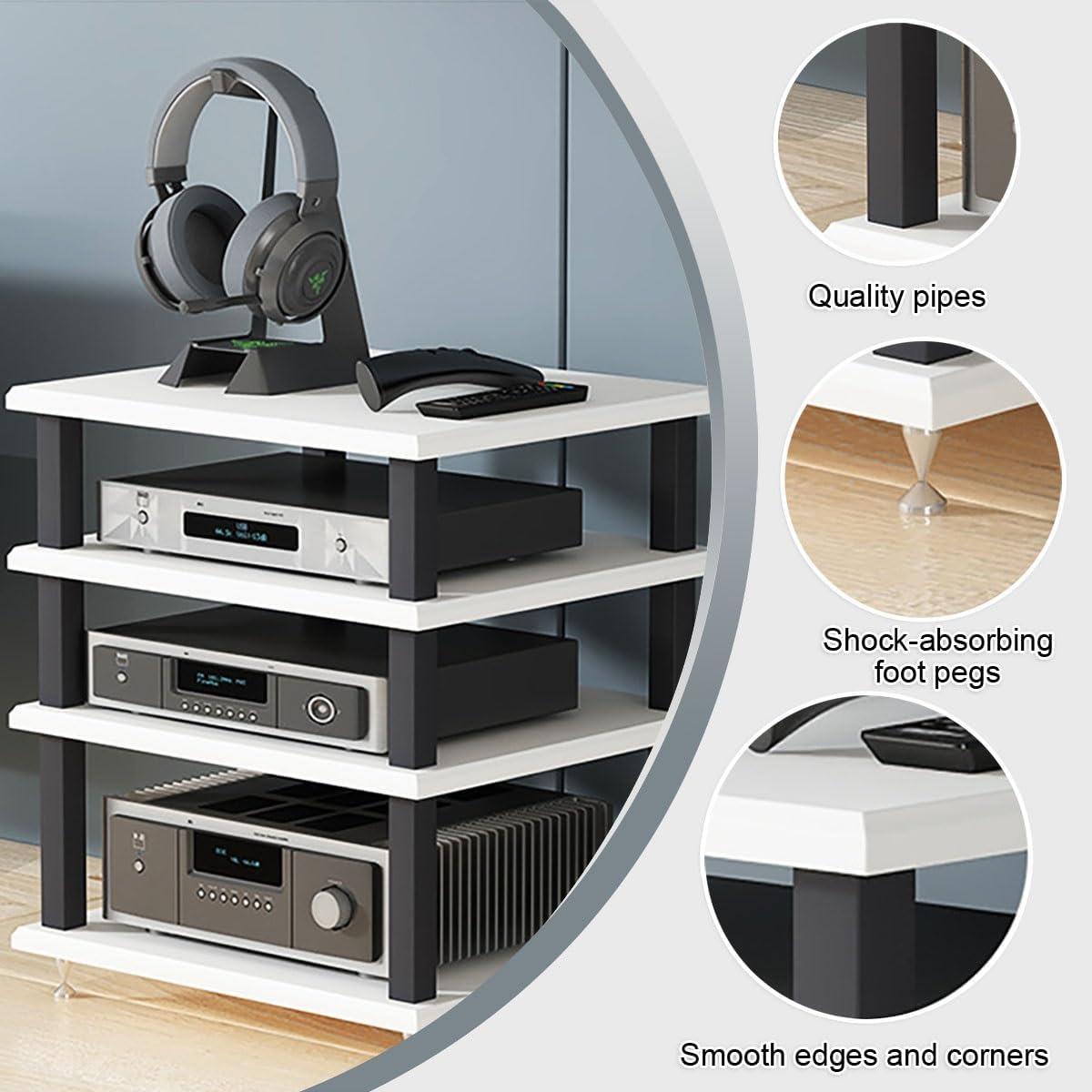 Portable AV Component Stand, Media Storage Rack for Stereo, Metal Frame Audio Tower, Entertainment Shelf Cabinet, Compact Design for Desktop (White, H35cm/13.7in)