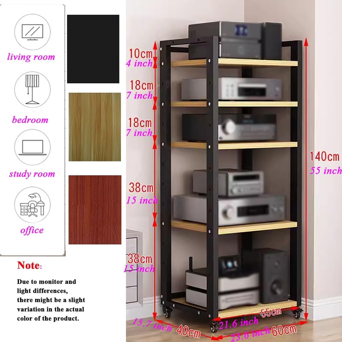 5 Tier Tall Audio/Video Tower Corner Media Component Stand, Home Theater Office Stereo Entertainment Cabinet Speaker Gaming Console CD DVD Player Storage Rack, Large Electronic Equipment Shelf(Beige