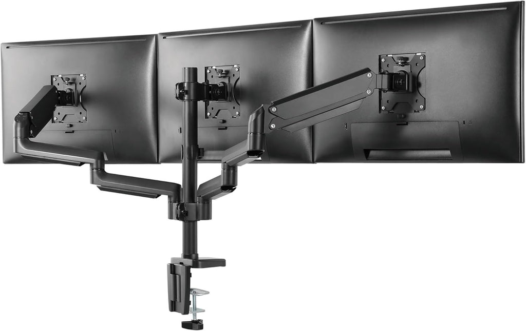 Mount-It! Triple Monitor Desk Mount with Full Motion Arms, 3 Monitor Riser with Gas Spring Arms for 27' Max Computer Screens, Sturdy Dual Clamp Base, Black