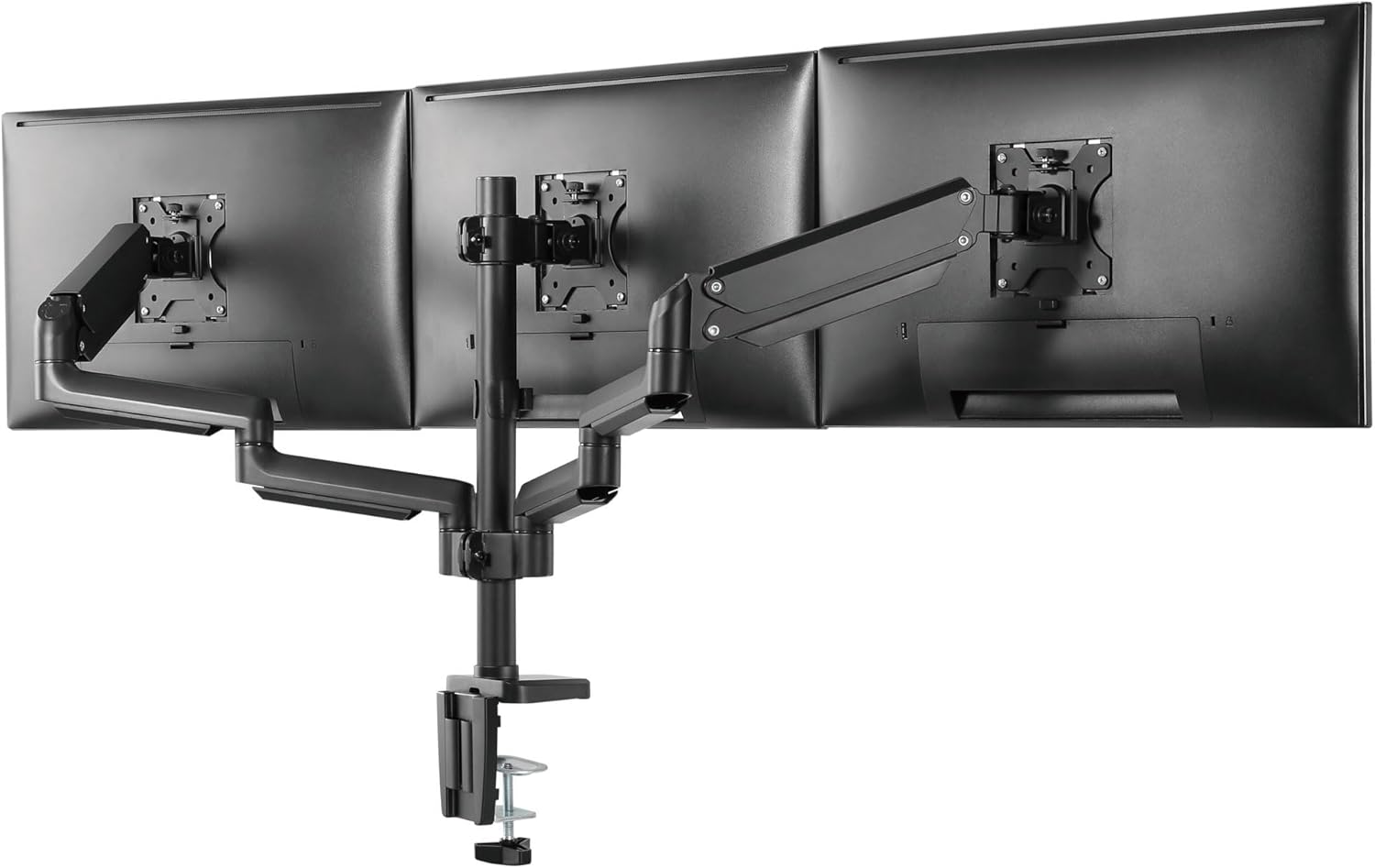 Mount-It! Triple Monitor Desk Mount with Full Motion Arms, 3 Monitor Riser with Gas Spring Arms for 27' Max Computer Screens, Sturdy Dual Clamp Base, Black