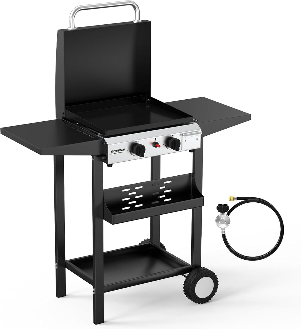 ROVSUN 2 Burner Portable Propane Griddle with Electronic Ignition, 20000 BTU Rolling Flat Top Gas Grill with Enameled Tray & Lid, Side Shelves & Regulator for Outdoor Cooking Camping BBQ Tailgating