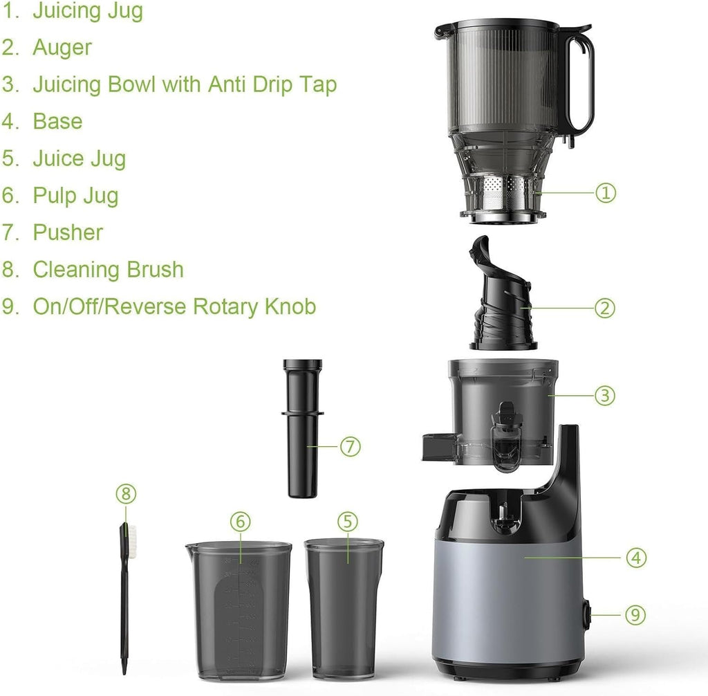 Masticating Juicer with 130mm Feed Chute, 250W Cold Press Juicer, 1.6L Capacity, Slow Juicer for Whole Fruits & Vegetables, Easy to Clean, Grey