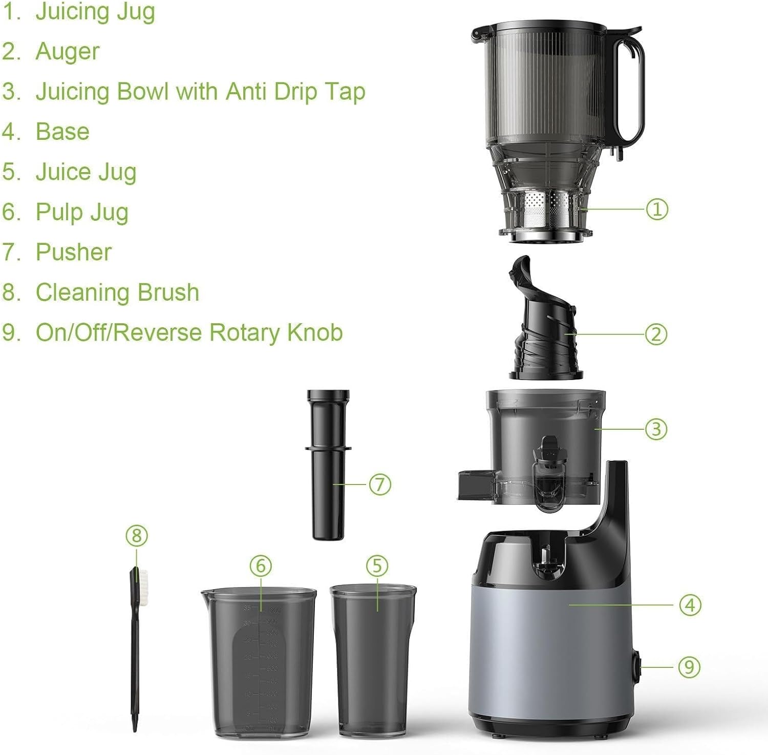 Masticating Juicer with 130mm Feed Chute, 250W Cold Press Juicer, 1.6L Capacity, Slow Juicer for Whole Fruits & Vegetables, Easy to Clean, Grey