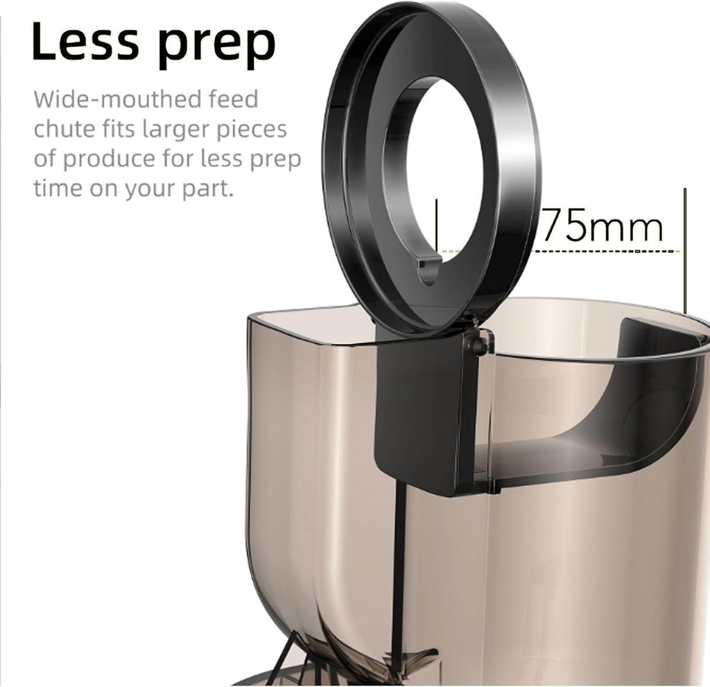Cold Press Juicer Machine, 200W Slow Masticating Juicer with 75mm Wide Dual Feed Chute, High Juice Yield, Quiet Motor, Easy to Clean, Grey