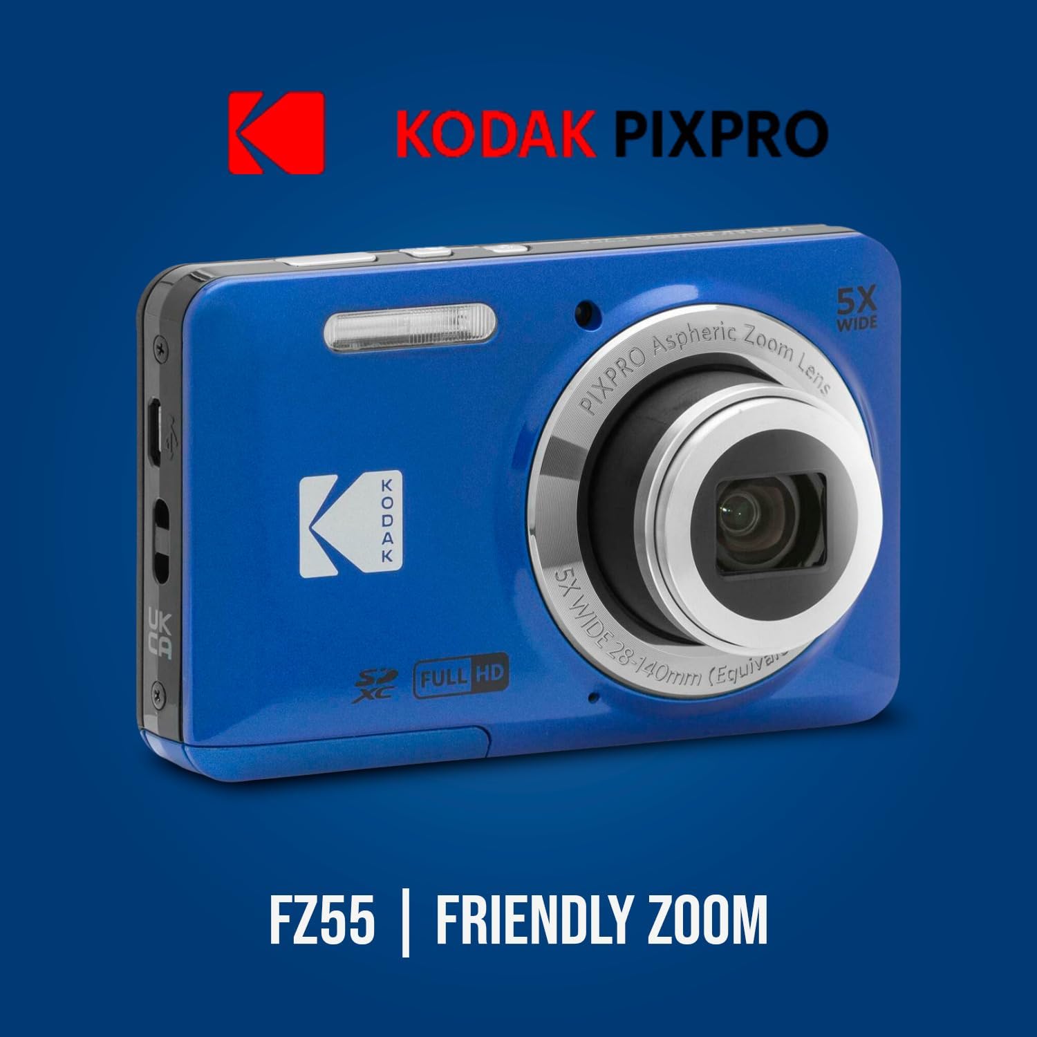 Kodak PIXPRO Friendly Zoom FZ55 Digital Camera (Blue) Bundle with 32GB Memory Card and Digital Camera LCD Screen Protectors (3 Items)