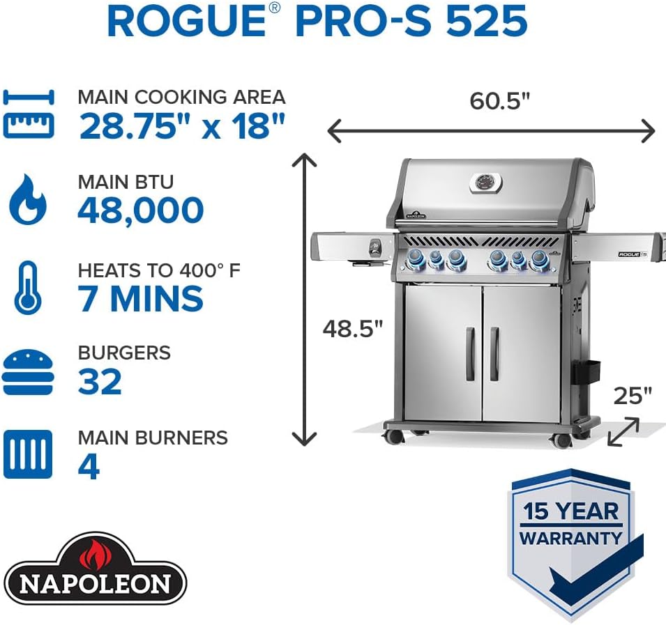 Napoleon Rogue PRO-S 525 Natural Gas Grill with Infrared Side and Rear Burners, Stainless Steel, Durable 6-Burner Cooking Surface