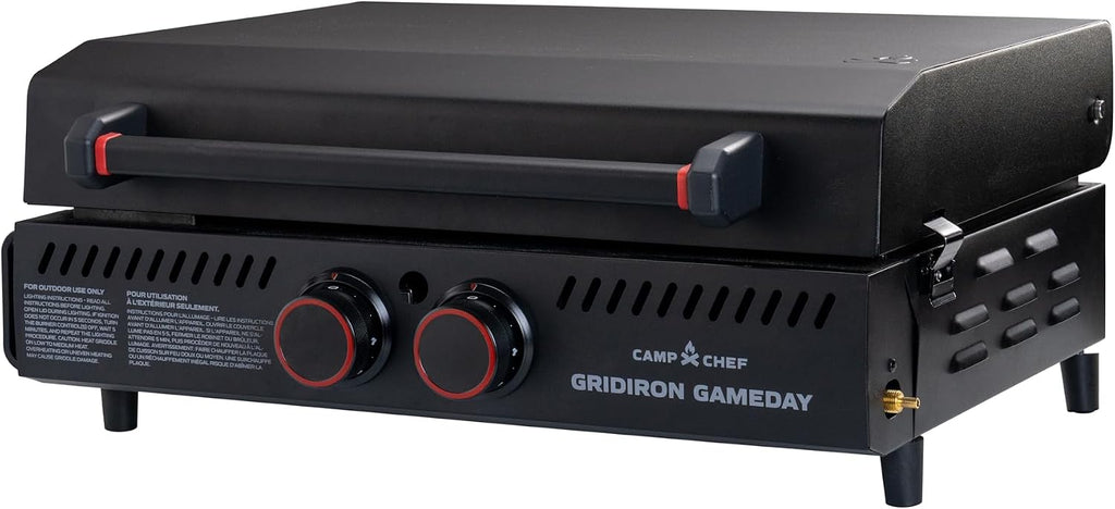 Gridiron Gameday 24' Portable Propane Grill – Flat Top Tabletop Griddle with Hinged Lid, 24,000 BTUs, Flamethrower Ignition, Dual Heat Zones, Adjustable Legs for Tailgating, Camping & Outdoor Cooking