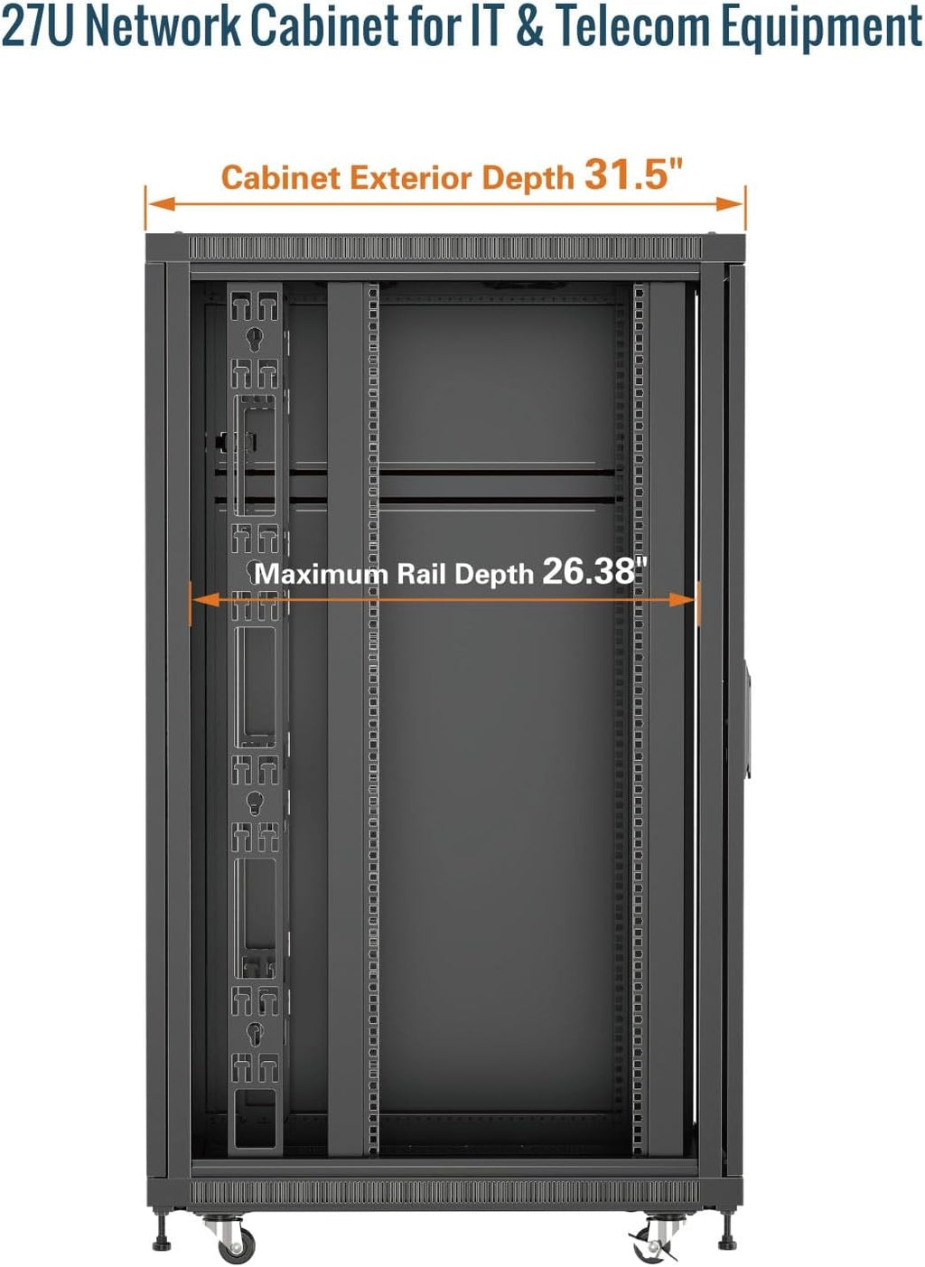 Tecmojo Network Rack Cabinet,27U Server Rack,31.5 Inch Depth,Hold Up to 1800Lbs,Lockable Cabinet with Casters and Complete Accessories,Mesh Door,for Home,Office,Small Business (27U 23.6' w*31.5' d)