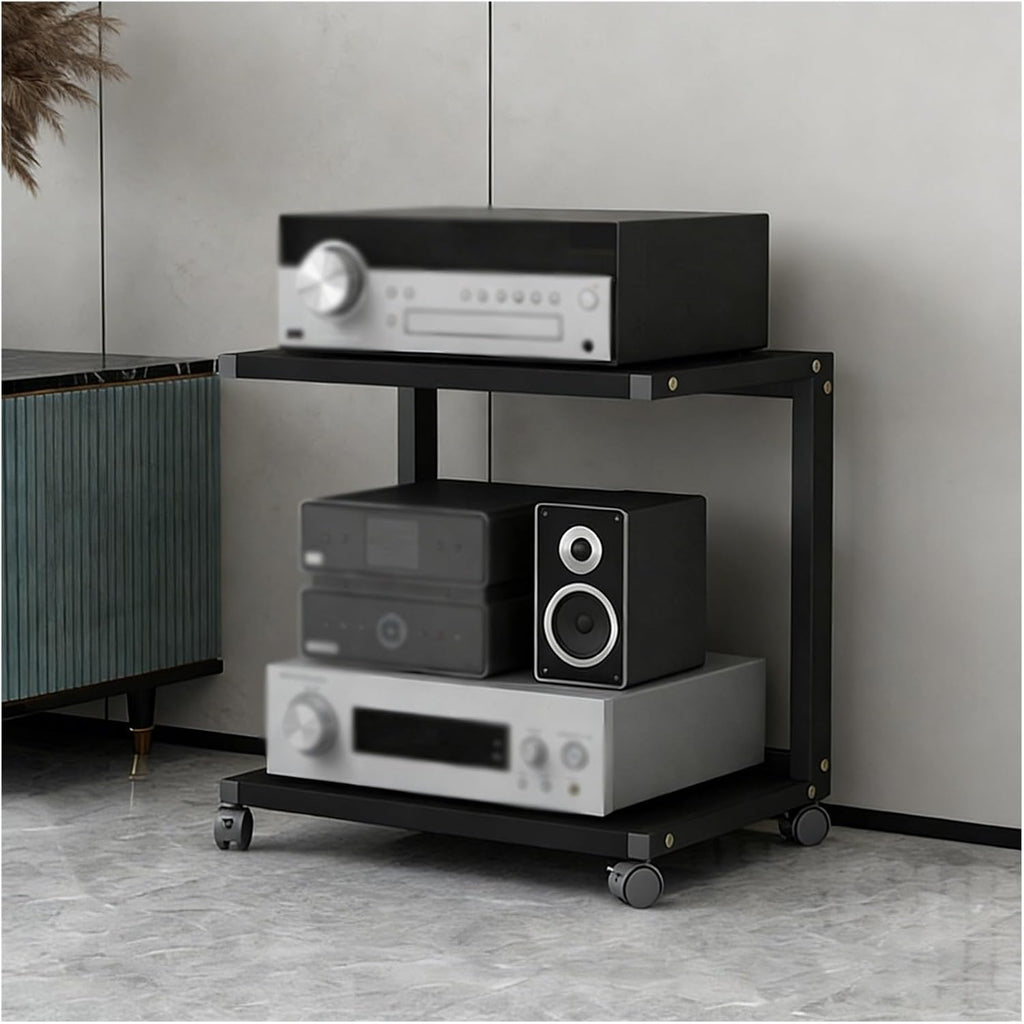 YLLFFLL Easy Assembly Av Storage Cabinet 2-Tiers HiFi Racks Media Black, Audio Component Rack Tower Media Stereo Stand Equipment Shelf for Living Room, on Wheels(H 55CM(21 7/10IN))