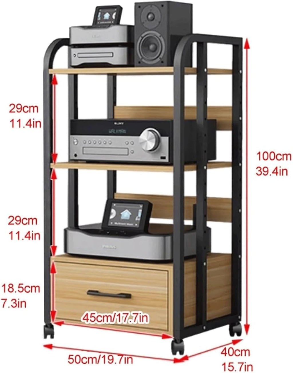 Audio Rack 2/3/4 Tier Stereo Rack Audio Equipment Rack Audio Open Rack Cabinet Wooden with Drawer AV Stand with Adjustable Shelves(Natural,100cm/3 Tier)