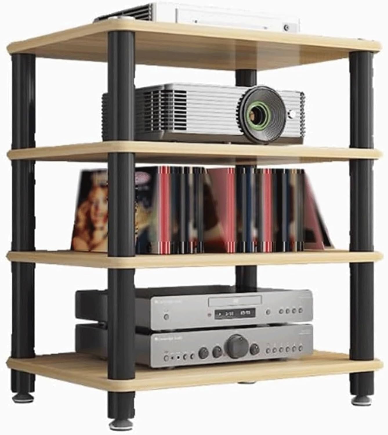 Audio Rack Multi-Layer Stereo Rack Audio Equipment Rack Audio Open Rack Cabinet Wooden HiFi Rack Audio-Video Shelving with Steel Pipe(Natural,4 Tier)