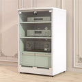Media Stand with Storage, Audio Rack with Adjustable Shelves, Stereo Cabinet with Glass Doors, Flip Cover AV Cabinet, Wooden Media Storage Cabinet(White,3-Tier)