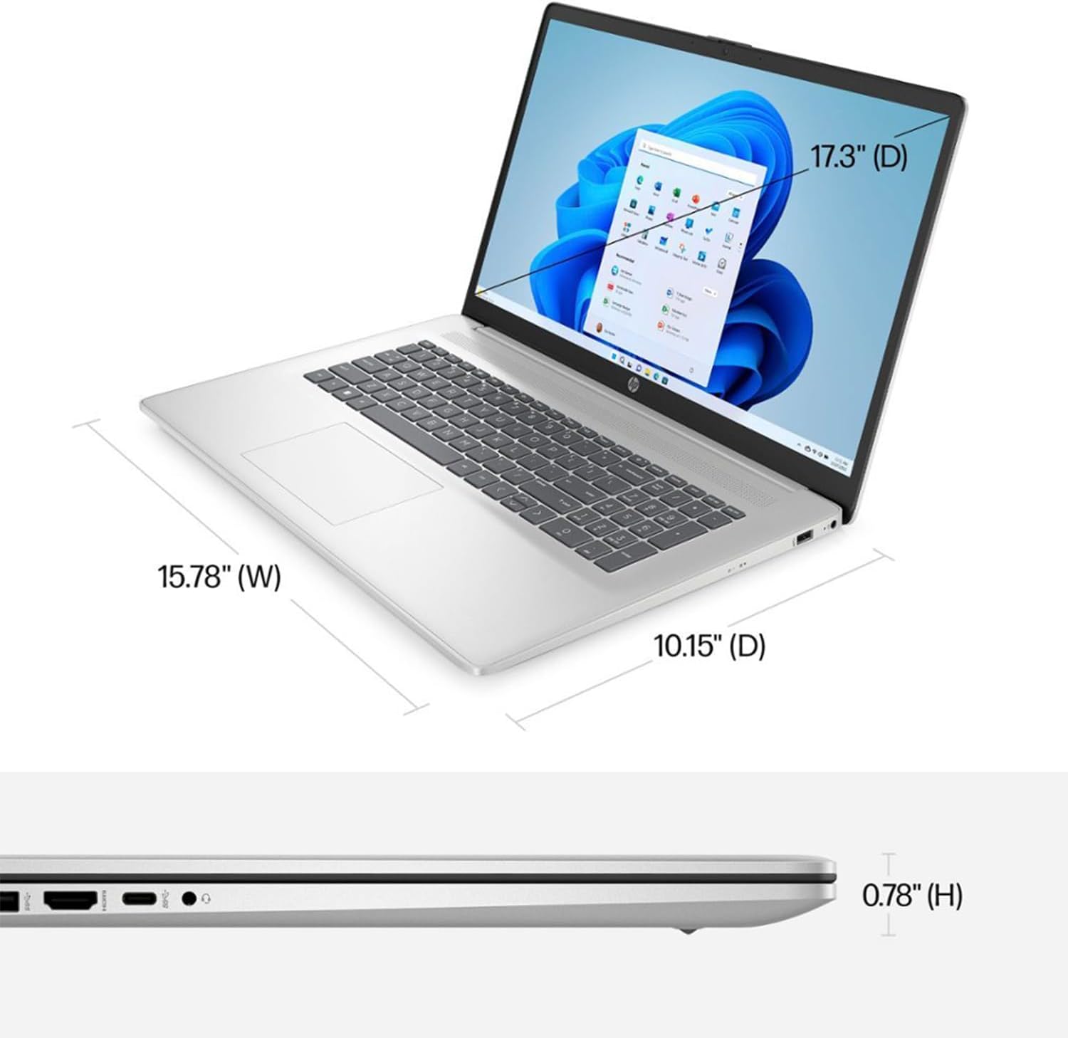 HP Essential Laptop, 17.3' FHD Screen, Intel Core i3-N305, 32GB RAM, 1TB SSD, Webcam, HDMI, Fingerprint Reader, Wi-Fi 6, Bluetooth, Windows 11 Home, Sliver