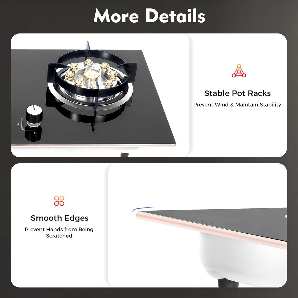 Dual Burner Gas Stove 5.2KW & 4.2KW - Professional Cooking with Flame Failure Protection & Tempered Glass Top for Home Cooks, Countertop/Embedded Installation