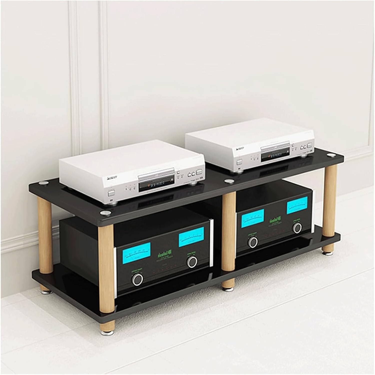 Audio Rack Stereo Rack 2/3/4 Tier Audio Equipment Rack Wooden Audio Rack Cabinet HiFi Rack Double Wide Audio Component Rack Durable(Nero,2 Tier)