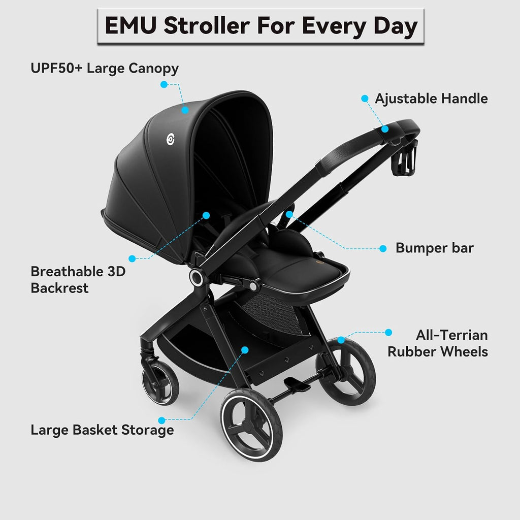EMU Baby Stroller with Reversible Seat Full-Size Infant Stroller with Full Recline Cockpit Compact Foldable Toddler Carriage for Outdoor City - Black