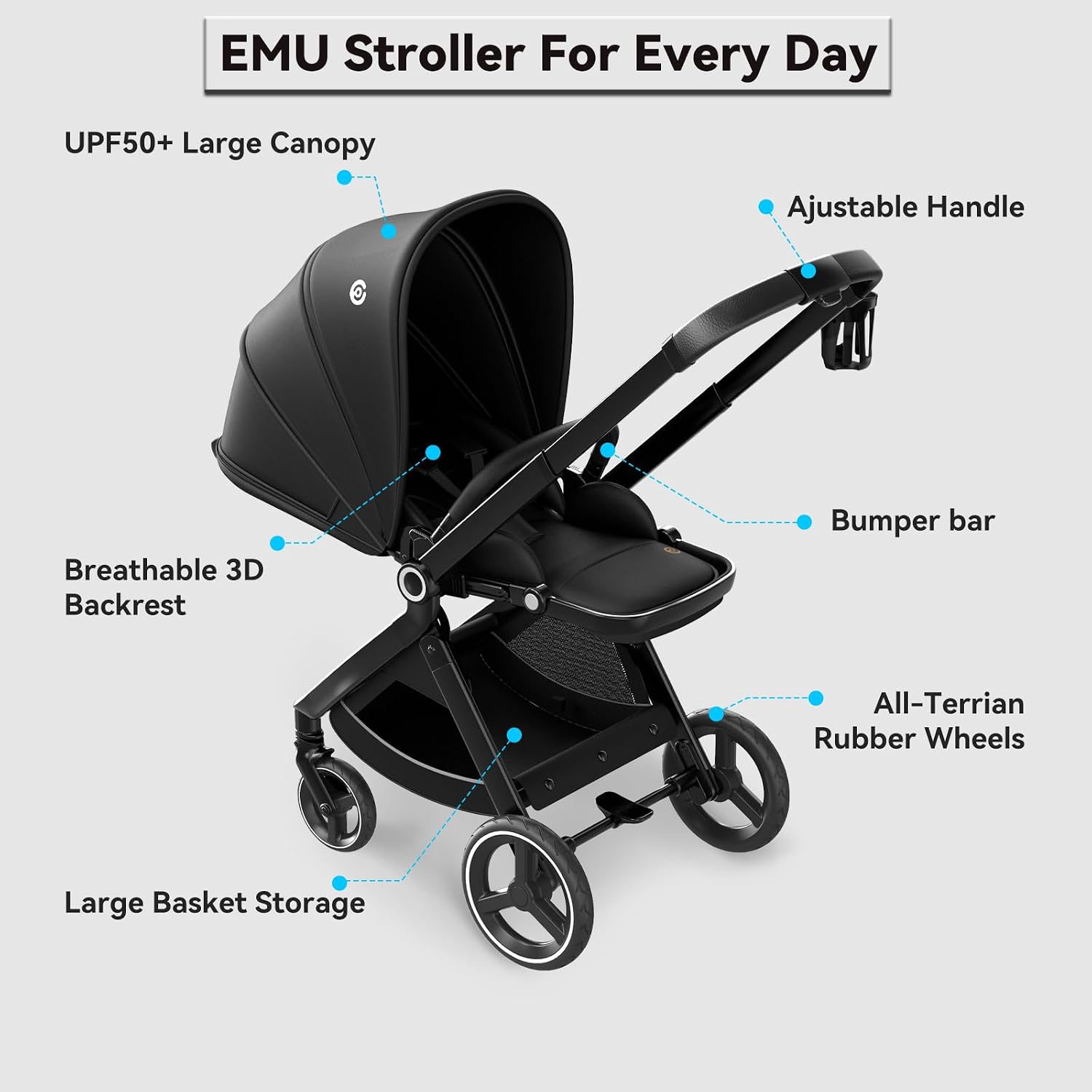 EMU Baby Stroller with Reversible Seat Full-Size Infant Stroller with Full Recline Cockpit Compact Foldable Toddler Carriage for Outdoor City - Black
