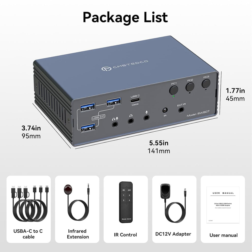 USB C KVM Switch Docking Station 3 Computers 4 Monitors for M1 M2 M3 M4 with Displaylink Technology,4K60Hz HDMI KVM Multi-Monitor Extended/Mirrored Display Out for Windows Mac